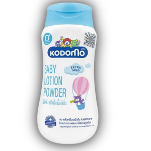 Kodomo Baby Lotion Powder Extra Mild in a white bottle with a light blue cap.