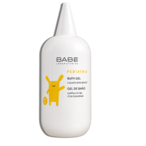 BABÉ Laboratorios Pediatric Bath Gel white bottle with yellow character illustration